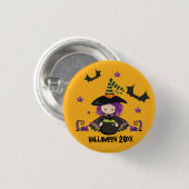 Halloween Cartoon Hexe Fledermäuse Cauldron Green Button (Vorne & Hinten)