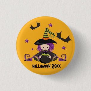 Halloween Cartoon Hexe Fledermäuse Cauldron Green  Button