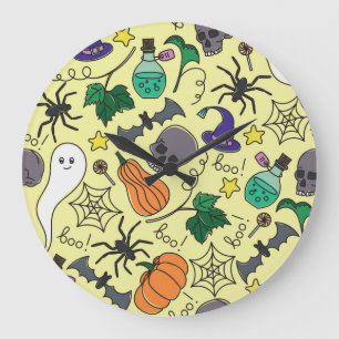 Halloween-Cartoon: Lebhaftes Vintages Muster Große Wanduhr