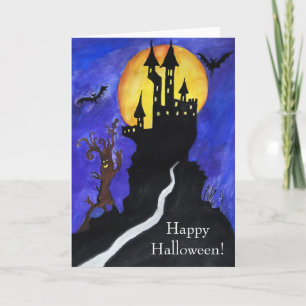 Halloween Castle Bats Tree Zeichnend Grußkarte Karte