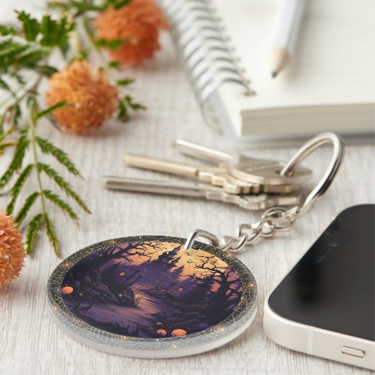 Halloween Castle Scene W Spiderweb Ring Schlüsselanhänger (Vorderseite rechts)