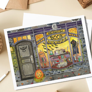 Halloween Cat and Book Shop Postkarte