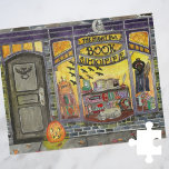 Halloween Cat and Book Shop Puzzle<br><div class="desc">Dieses süße Halloween-Buchhändlergemälde entstand als Oktober-Seite einer Reihe von Aquarellböden. Das Night Owl Book Shoppe ist für Geschäftsreisende geöffnet und bietet ein niedliches Schaufenster voller witziger Dekoration, Jagdbücher, Fledermausdekorationen, geschnitzte Kürbisse, Zauberbücher und eine schläfrige graue Katze. Eine Kürbislaterne befindet sich vor der Haustür, um Sie zum Abendessen beim Lesen zu...</div>