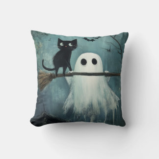 Halloween Cat and Ghost Flying on Broom Kissen