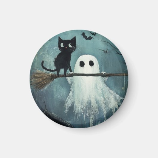 Halloween Cat and Ghost Flying on Broom Magnet (Vorne)