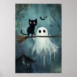 Halloween Cat and Ghost Flying on Broom Poster