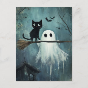 Halloween Cat and Ghost Flying on Broom Postkarte
