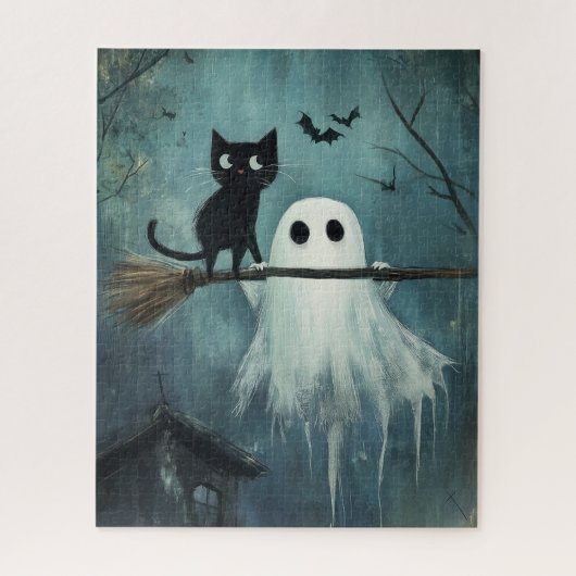 Halloween Cat and Ghost Flying on Broom Puzzle (Vertikal)
