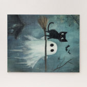 Halloween Cat and Ghost Flying on Broom Puzzle (Horizontal)