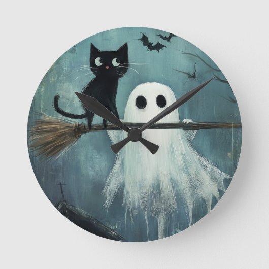 Halloween Cat and Ghost Flying on Broom Runde Wanduhr (Vorderseite)