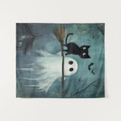 Halloween Cat and Ghost Flying on Broom Wandteppich (Vorderseite (Horizontal))