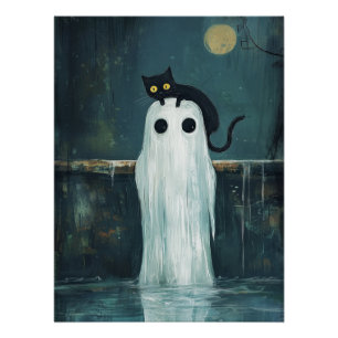 Halloween Cat and Ghost in Pool Poster