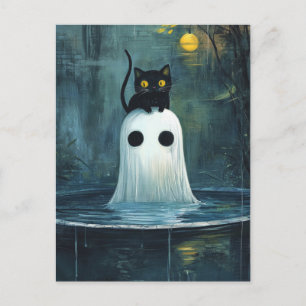 Halloween Cat and Ghost in Pool Postkarte