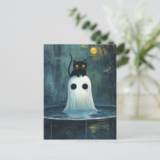 Halloween Cat and Ghost in Pool Postkarte (Stehend Vorderseite)