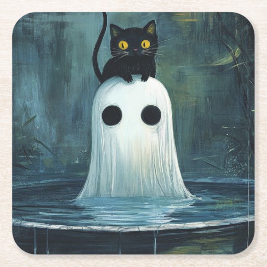 Halloween Cat and Ghost in Pool Rechteckiger Pappuntersetzer (Vorderseite)