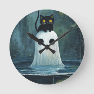 Halloween Cat and Ghost in Pool Runde Wanduhr