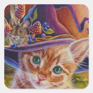 Halloween Cat and Mouse Nr. 1 Wasserfarbenkunst Quadratischer Aufkleber