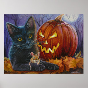 Halloween Cat and Mouse Nr. 2 Wasserfarbe Art 18x2 Poster