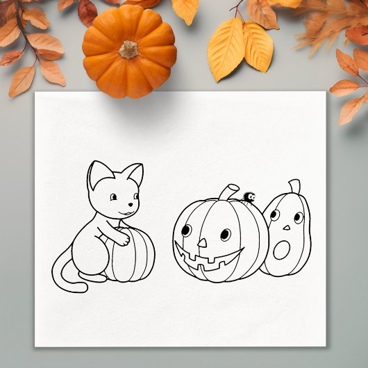 Halloween Cat and Pumpkins Color Me Gummistempel