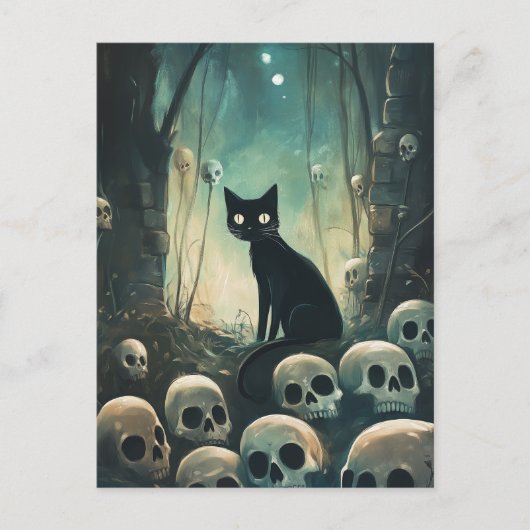 Halloween Cat and Skulls Postkarte (Vorderseite)