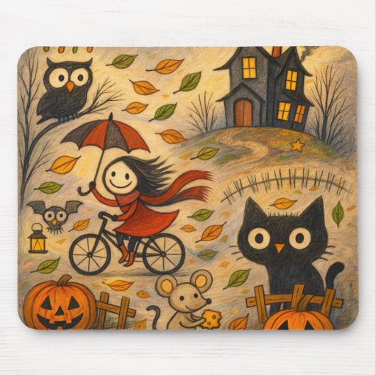 Halloween Cat & Bicycle Girl Mousepad (Vorne)