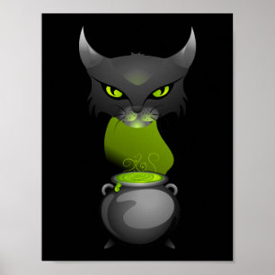 Halloween Cat Cauldron mit grünem Stechen Poster