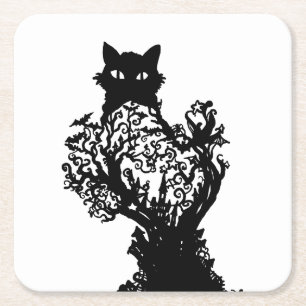 Halloween Cat Diorama mit Schlossternenbaum Rechteckiger Pappuntersetzer