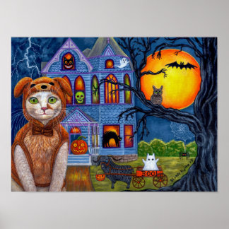Halloween Cat Dog Costume Haunted Victorian House Poster