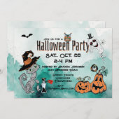 Halloween Cat & Ghost Doodle Einladung (Vorne/Hinten)