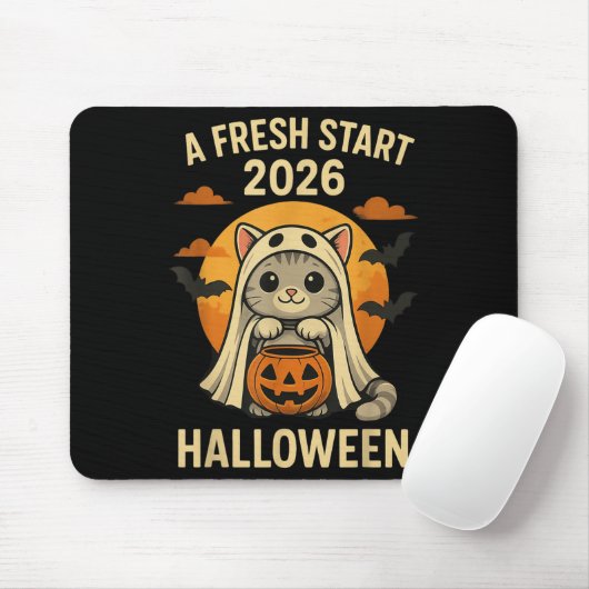 Halloween Cat Ghost Graphic - Fresh Start 2026  Mousepad (Mit Mouse)