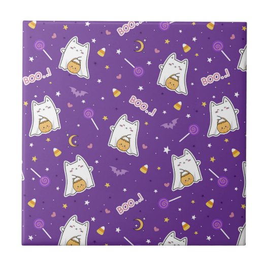 Halloween Cat Ghost Keramik Tile Fliese (Vorderseite)
