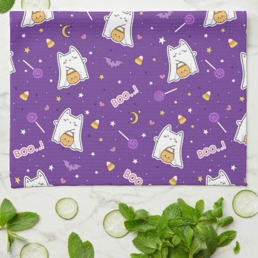 Halloween Cat Ghost Kitchtuch Geschirrtuch (Gefaltet)