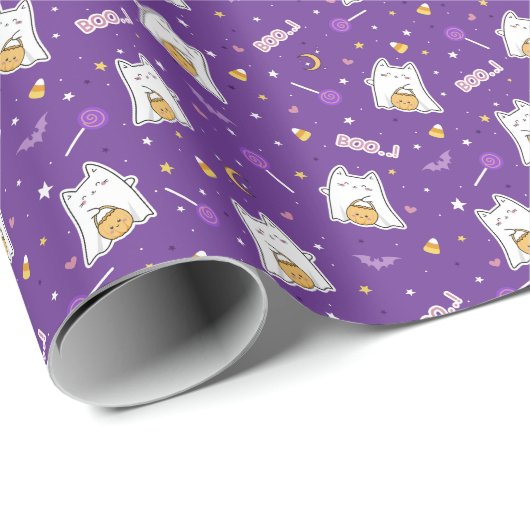 Halloween Cat Ghost - Wrapping Paper Rolle Geschenkpapier (Rolleneckpunkt)
