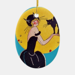 Halloween Cat Girl and Black Cat Keramikornament
