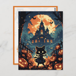 Halloween Cat Girl at the Haunted House Postkarte