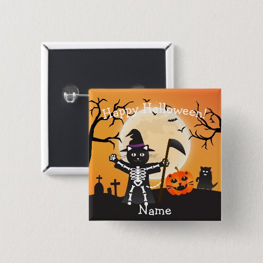 Halloween Cat Grim Sensenmann Button (Vorne & Hinten)