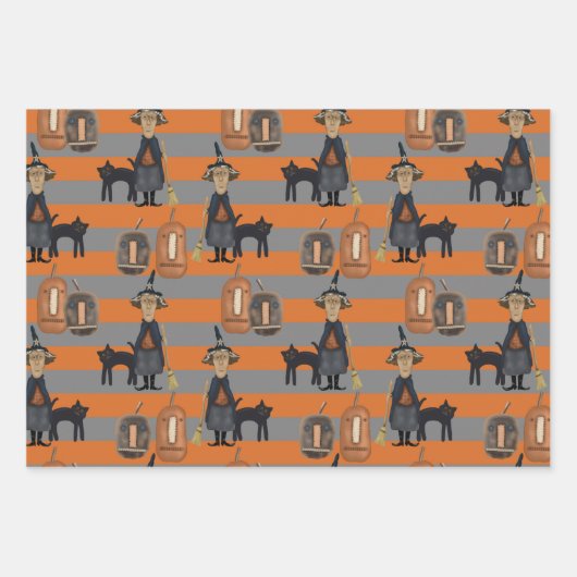 Halloween Cat & Hexe | Schwarze und orange Punkte Geschenkpapier Set (Vorderseite)
