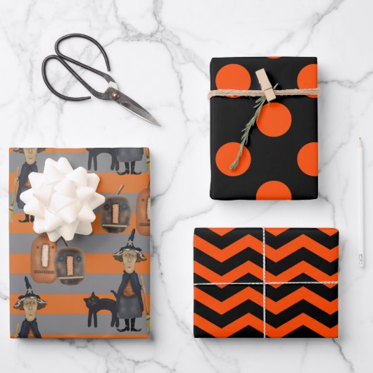 Halloween Cat & Hexe | Schwarze und orange Punkte Geschenkpapier Set (Vorderseite)