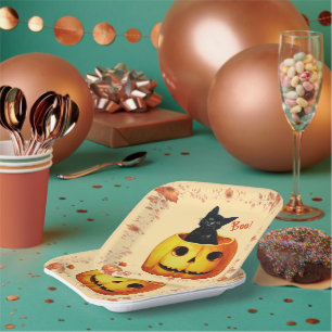 Halloween Cat in Kürbiskissen Pappteller