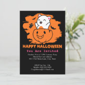 Halloween Cat in Pumpkin, Ghost Bats Schwarzes Ora Einladung (Stehend Vorderseite)