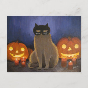 Halloween Cat Mask & Jack-o'-Laterne Postkarte