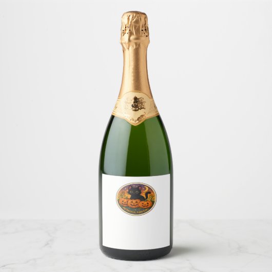 Halloween Cat Meowgical Pumpkins Stickerei Design Schaumweinetikett (Vorderseite)