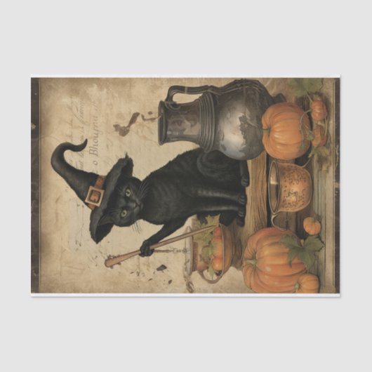 Halloween Cat mit Hexenhutenkürbis-Dekoupage Seidenpapier (Vorderseite)