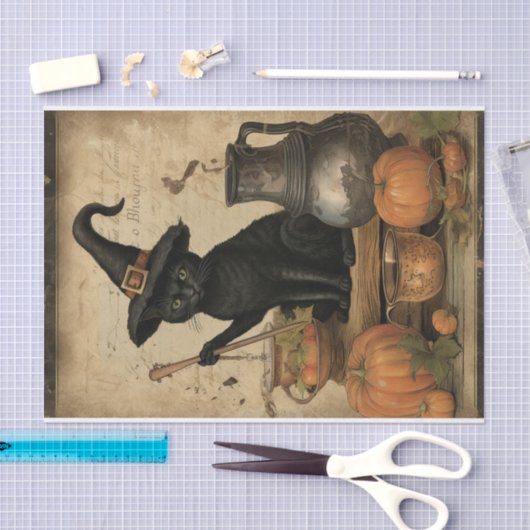 Halloween Cat mit Hexenhutenkürbis-Dekoupage Seidenpapier (Handwerk)