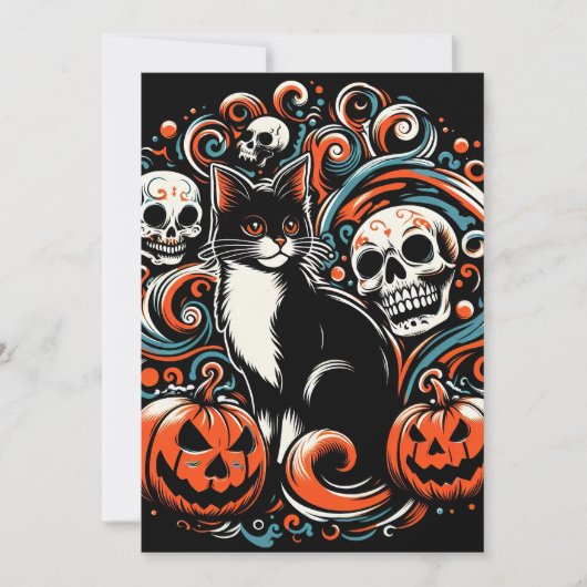 Halloween Cat mit Pumpkins Einladung (Vorderseite)