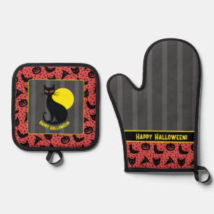 Halloween Cat Retro Halloween Ofen Oven Mitt Ofenhandschuh & Topflappen-Set