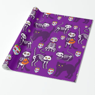 Halloween Cat Skelett lila Geschenkpapier
