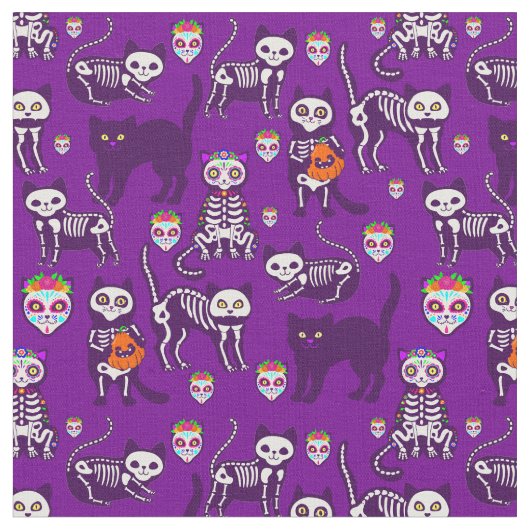 Halloween Cat Skelett lila Stoff (Nahaufnahme)