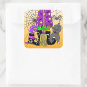 Halloween, Cat, Spider und Broomstick Quadratischer Aufkleber (Tasche)
