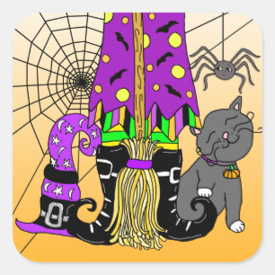 Halloween, Cat, Spider und Broomstick Quadratischer Aufkleber